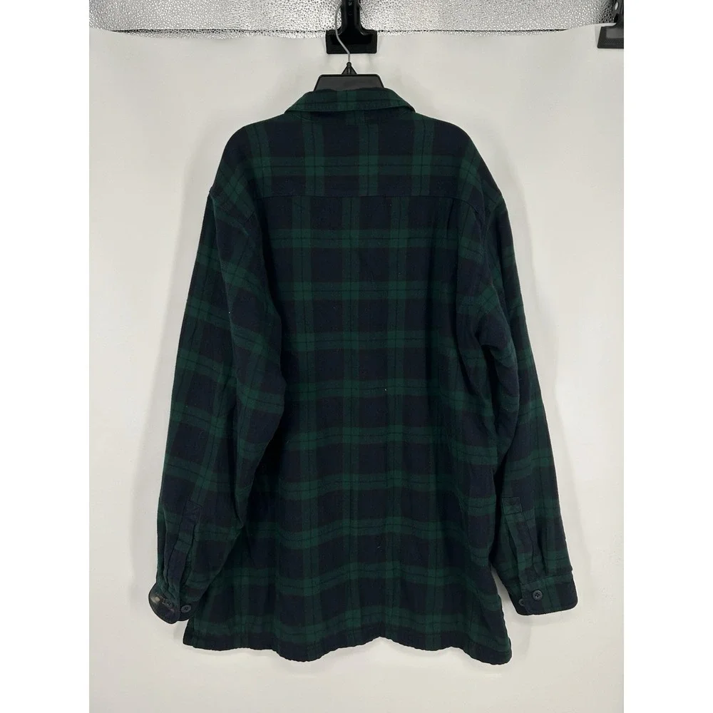 LL Bean Flannel Button Up Shirt Fleece Lined Green Navy Blue‎ Size Large Tall LT